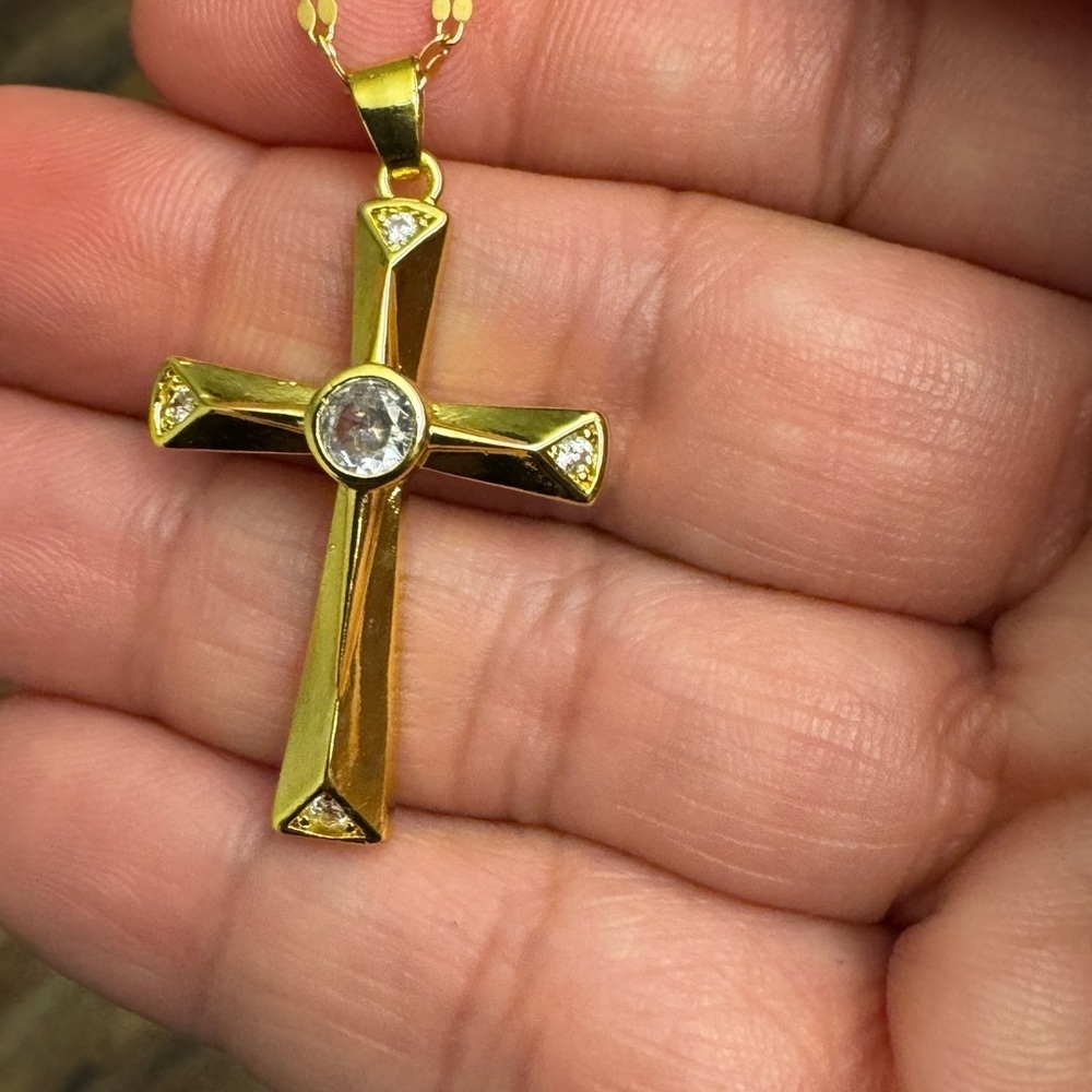 Gold Stainless Steel Cross Pendant Necklace, New - Picture 5 of 7